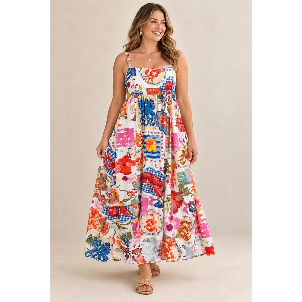 Paper Heart Patchwork Maxi Dress Womens L Multi Lobster Martini Sundress